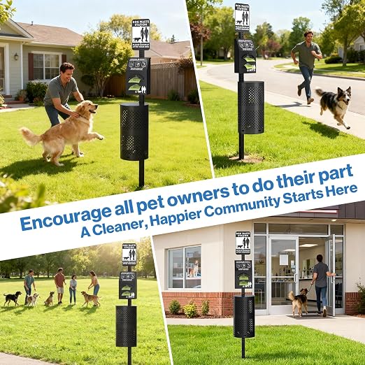 POCHAR Dog Waste Station, 10 Gallon Locking Bin with 600 Bags | Aluminum outdoor Trash Can, Waterproof Poop Disposal Bin with Sign and Lid for Park, Trail, Yard (Black)