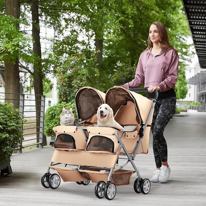 Double Pet Stroller for 2 Small Dogs & Cats, Side-by-Side Twin Travel Carriage with Safety Leashes, Mesh Windows & Double Storage Baskets, Lightweight & Foldable, 44lbs Capacity, Khaki