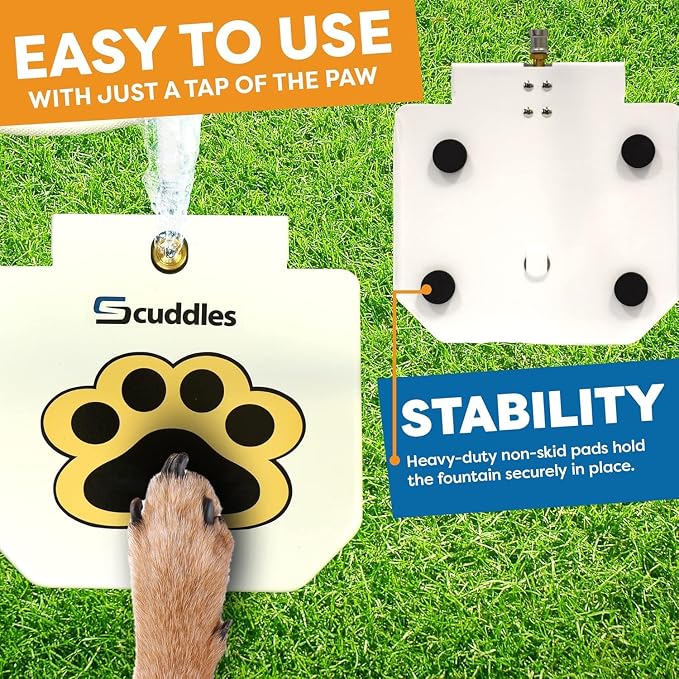 Scuddles Dog Sprinkler, Paw Activated Water Fountain, Outdoor Dog Water Sprinkler with Copper Valve, Easy Step-On Pedal, Perfect For Dogs to Stay Cool and Hydrated, Hose Attachment and Training Guide,