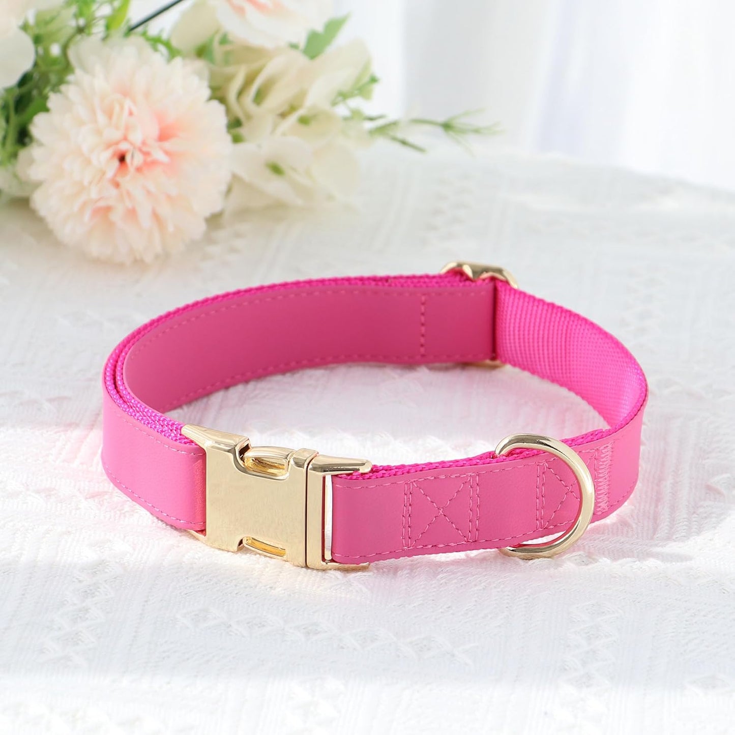 PET ARTIST Soft PU Leather Dog Collar, Bright & Stylish Hot Pink Dog Collar Girl with Quick Release Rose Metal Buckle, Nylon Padded Durable Pet Collars Adjustable for Medium Dogs, Neck Fit 13-19"