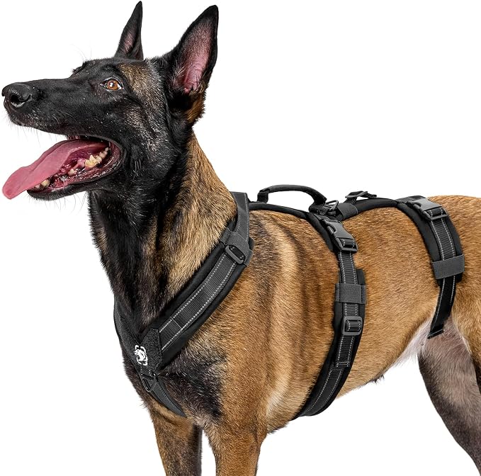 OneTigris Dog Harness No Pull Adjustable Tactical Harness with Soft Padding | Y-Shaped Reflective High-tensile Nylon, 1 Handle, 3 D-rings Easy Walk Dog Harness for Medium Large Dogs Easy on/off Tactical