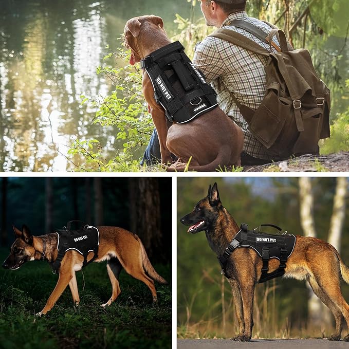 Tactical Molle Vest Mesh Dog Harness with 10 Removale Pet Patches | Breathable Service Dog harness with Double Soft Padded Handle for Medium Dog, Reflective Military Pet Vest for Walk Hiking