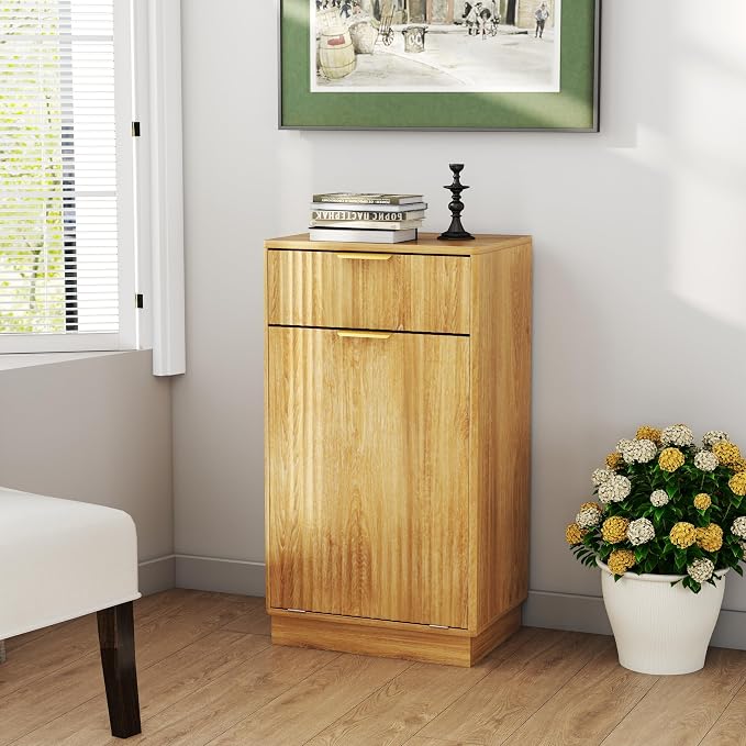 10-Gallon Single Tilt Out Trash Can Cabinet with Drawer,Kitchen Trash Can Cabinet Garbage Recycling Cabinet Wooden Dog-Proof Trash Cabinet for Dining Room and Kitchen,Laundry Room