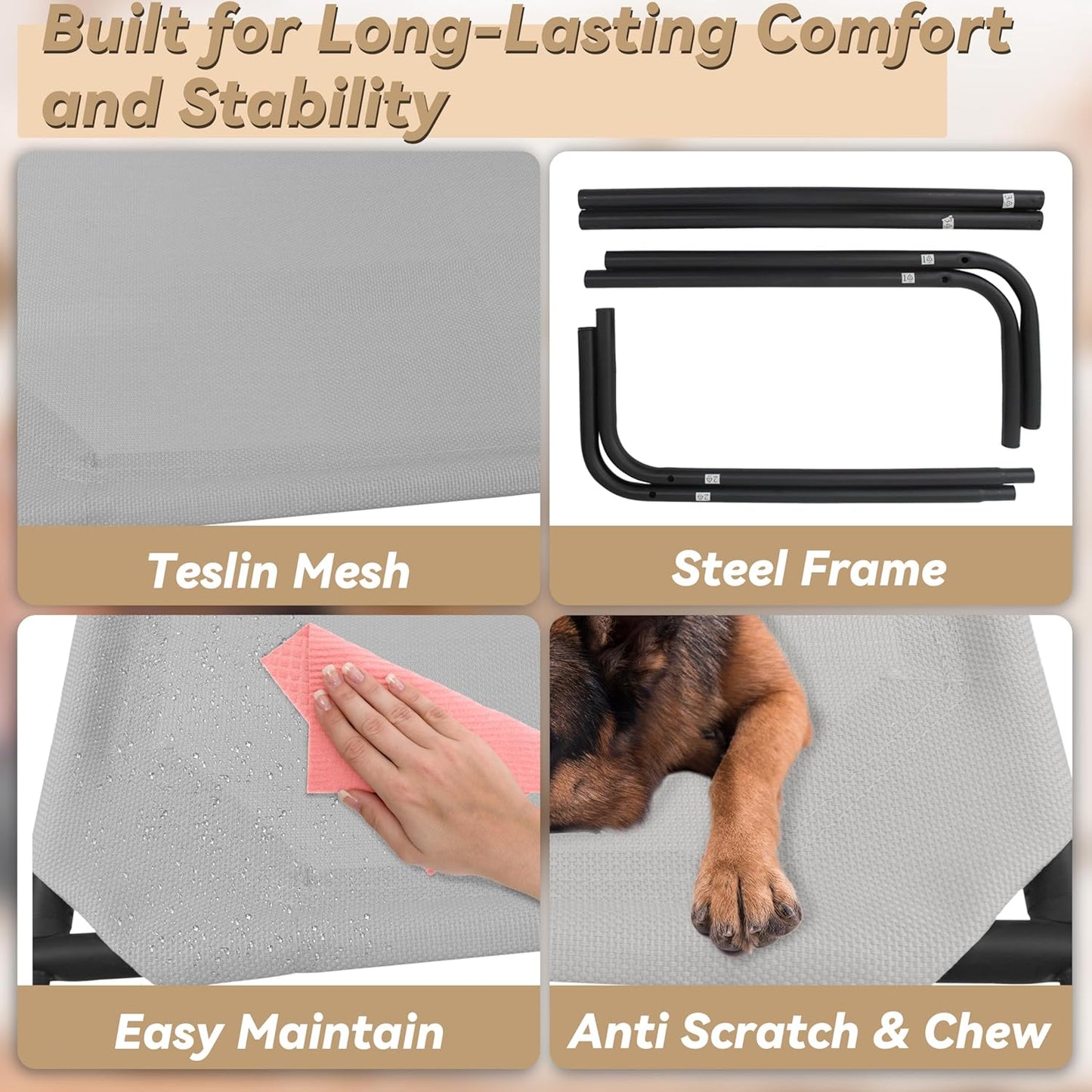 PHYEX Heavy Duty Steel-Framed Portable Elevated Pet Bed, Elevated Cooling Pet Cot, 43.5" L x 25.5" W x 7.8" H(M, Grey)