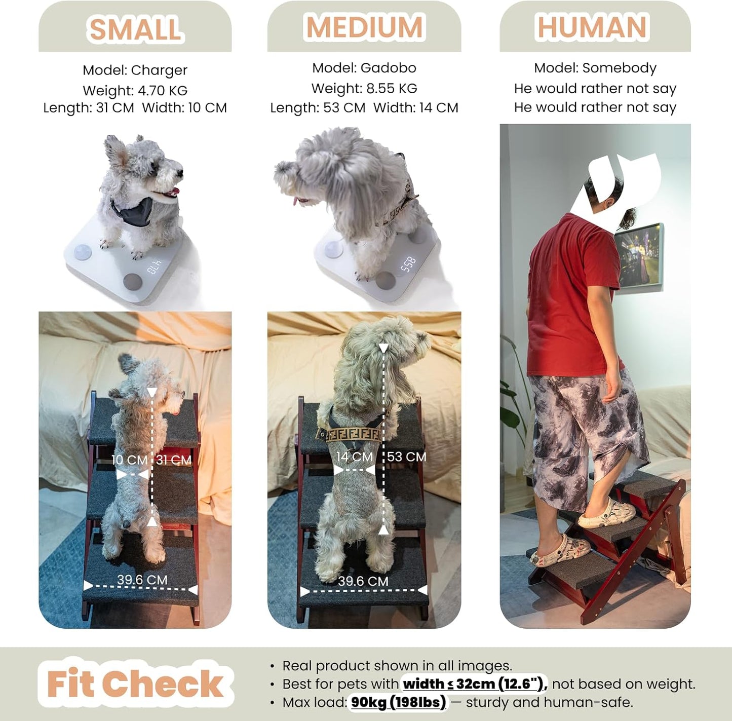 MEWANG Wooden Pet Stairs/Pet Steps - 3-in-1 Foldable Stairs & Ramp for Beds and Cars - Portable Dog/Cat Ladder Up to 220 Pounds - Great for Small and Older Animals(Brown) (24.8" L x 17.2" W x 19.5" H)