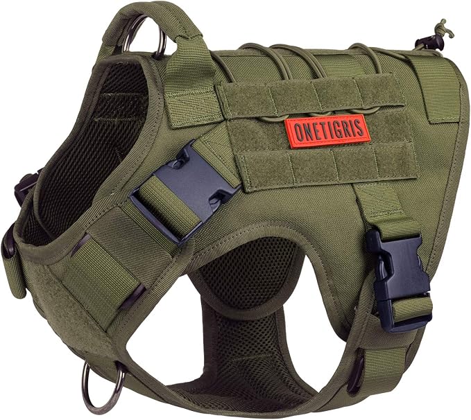 OneTigris Tactical Dog Harness, Full Body Harness with Handle for Large Dog | Heavy Duty Dog Vest for Hiking Training Outdoor Military 1000D Pullable Nylon, Service Vest with Hook & Loop Panels Green L