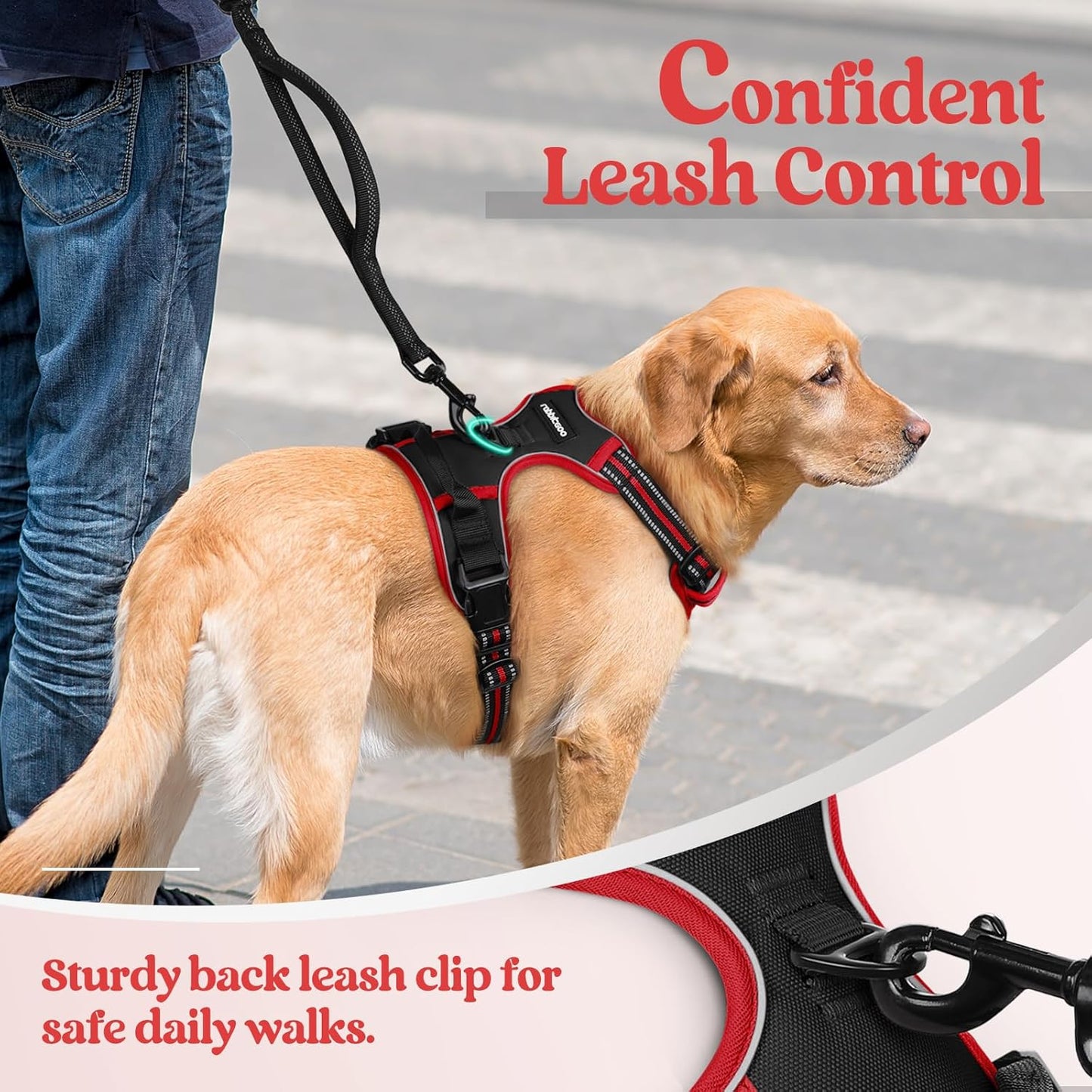 rabbitgoo Dog Harness No Pull with 2 Leash Clips, Adjustable Soft Padded, Reflective Oxford No Choke Pet Vest with Easy Control Handle for Medium Sized Dogs, Black & Red, M
