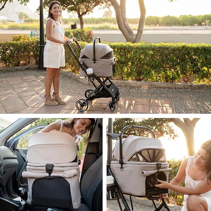 X2 Pet Stroller, Dog Cat Stroller for Small Pets with Detachable Carrier, Lightweight Foldable Cat Carrier Dog Car Seat for Puppy Doggy up to 44lbs, Canopy and Waterproof Pad, Camel