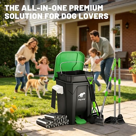 Dog Poop Trash Can Outside - 20L/5Gal Pooper Scooper Sets and Spade, Green | Outdoor Trash Can with Lid, Inner Bucket, Dog Poop Scooper Set, Metal Tray, Rake and Spade, 100 Trash Bags & Storage Box