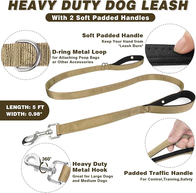 Tactical Dog Harness and Leash Set with Metal Buckles+10 Patches | Heavy Duty Service Dog Vest ,Adjustable Harness for Large Sized Dogs,No Pull Front Back Clips,for Training Hiking,Brown L