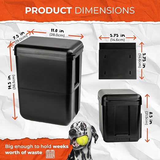 PEXTER Outdoor Dog Poop Trash Can Outside - Wall Mounted Dog Waste Bin & Garbage Can, 2-in-1 Converts 13L to 8L (3.5/2.1 Gal), Pet Waste Container for Dogs - Includes 15 Heavy Duty Bags (Black)