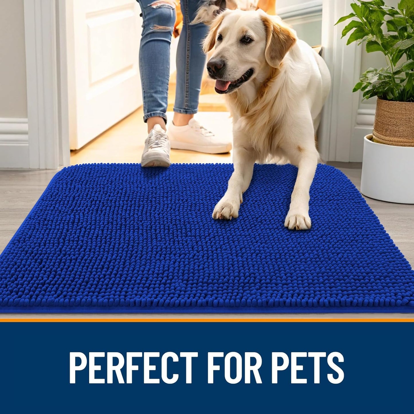 OLANLY Dog Door Mat for Muddy Paws 44x24, Absorbs Moisture and Dirt, Absorbent Non-Slip Washable Doormat, Quick Dry Chenille Mud Mat for Dogs, Entry Indoor Entryway Carpet for Inside Floor, Royal Blue