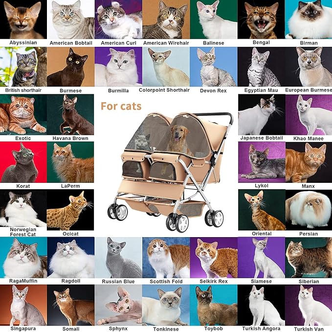 Double Pet Stroller for 2 Dogs & Cats, Side-by-Side, Beige | Foldable Two-Seater with Separate Cabins, 44 lb Capacity, Dual Baskets and Safety Tethers for Walks, Travel and Vet Visits