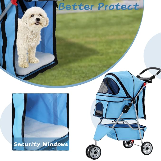 Pet Stroller for Small Medium Dogs & Cats,3-Wheel Breathable Compact Foldable Dog Carrier with Storage Basket, Outdoor Portable Lightweight Travel Stroller for Camping,Blue