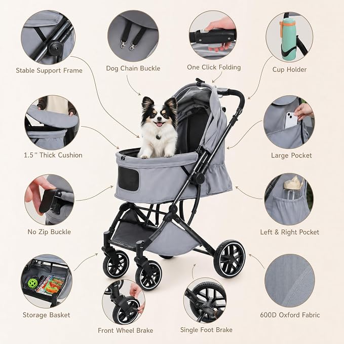 MUTTROS Pet Stroller for Small Medium Dogs & Cats Up to 66lbs, One Click Fold Dog Stroller, Large Cat Stroller w/All Terrain Shock Absorbing Wheels, Reversible Handle, Removable Washable Pad, Grey