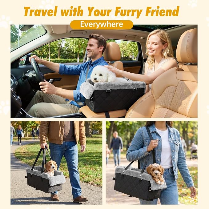 VavoPaw Center Console Dog Car Seat for Small Dogs&Cats Under 12 LBS | Puppy Car Seats with Non-Slip&Strong Support,Anti-Collapse Portable Pet Bed for Puppies with Soft Cushion Safety Belt,Black