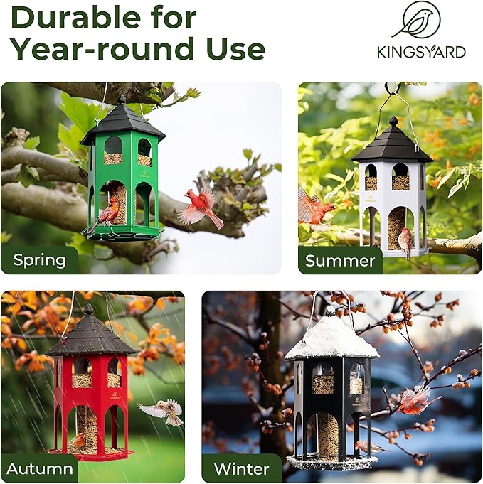Kingsyard Metal Bird Feeder for Outdoor Hanging, Wild Bird Feeders with Circular Perch, Easy to Clean & Refill, 4 lbs Large Seed Capacity, White