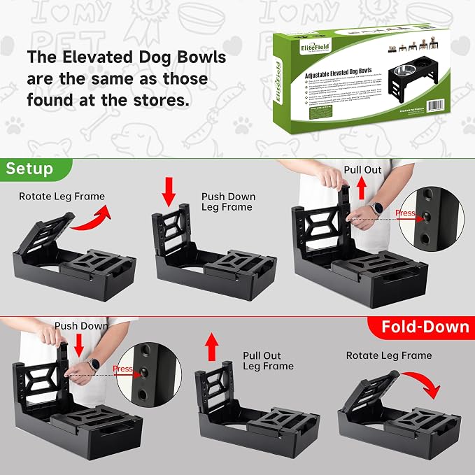 EliteField Elevated Dog Bowls, 2 Stainless Steel Bowls (2-Year Warranty) | 58 oz Bowls, 5 Adjustable Heights, Small to Large Dogs, Foldable, Dishwasher Safe, Anti-Slip Feet