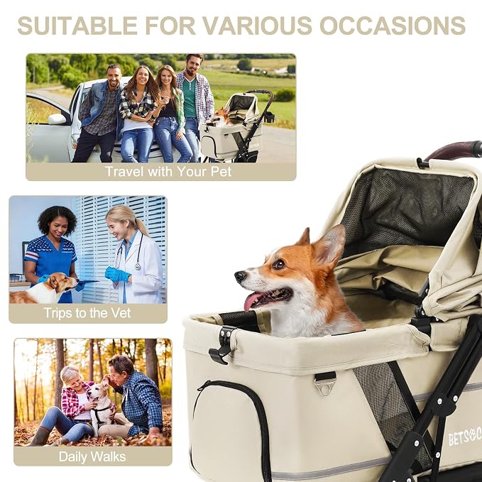 No-Zip Pet Stroller for Small Dogs & Cats, 44 lb, White | No-Zip Canopy, 44 lb Capacity, Reflective Trim, 2 Tethers, Lockable Front Wheels, Rear Brake and One-Hand Fold