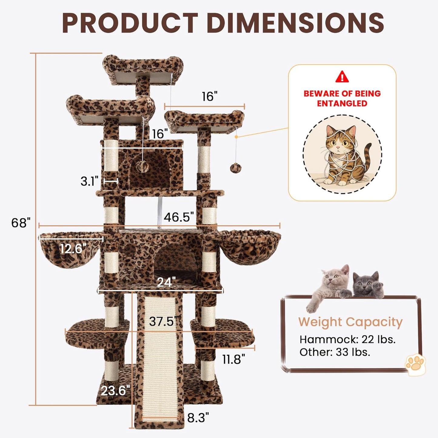 SHA CERLIN 68 Inches Multi-Level Large Cat Tree for Large Kitties/Big Cat Tower with Condo/Cozy Plush Pussycat Perches/Sisal Scratching Posts and Hammocks/Activity Center/Leopard Print
