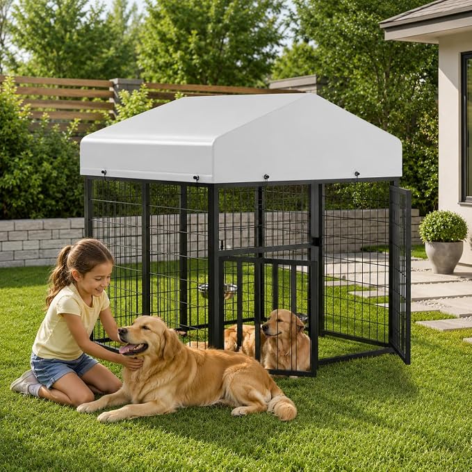 4 x 4 x 4.25 FT Outdoor Dog Kennel with Roof for Small Dogs | Compact Dog Pen with Rotating Feeder, 2 Stainless Steel Bowls and Double Latch Gate