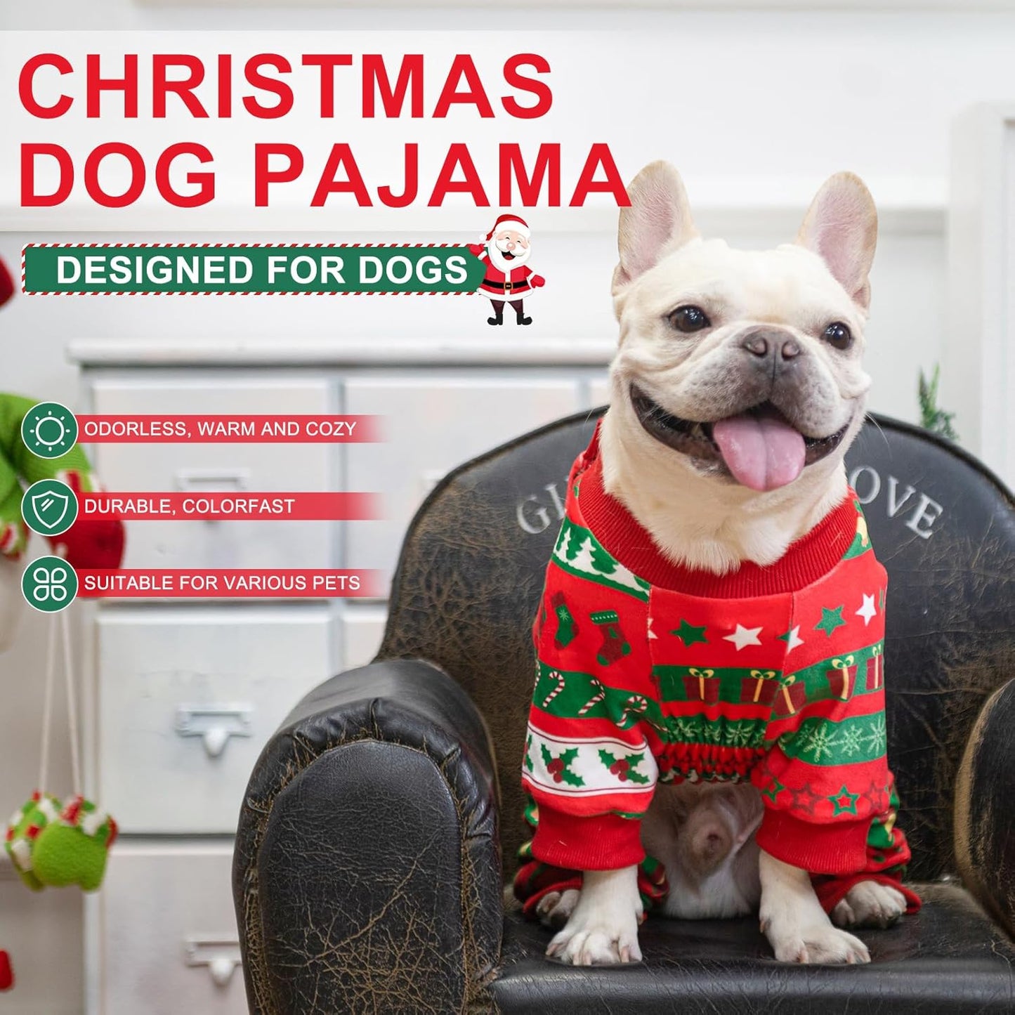 BEAUTYZOO Dog Christmas Pajamas Large Sized Dog, Christmas Doggie Pajamas for Boys Girls, Soft Fleece Cotton Puppy Pjs Jammies Onesies for Men Women, Pet Jumpsuit Body Suit Apparel Clothes, Red XXL