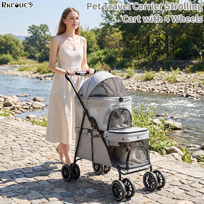 Foldable Double Pets Stroller for Dog Portable Cat Strollers for Small Medium Pet with One Detachable Carrier Flexible Lockable Wheels Lightweight Dogs Jogger (Gray)