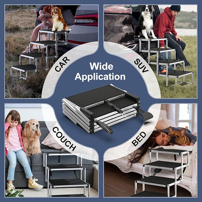 Extra Wide 20" Dog Stairs for Large Dogs, Dog Ramp for Car 4 Steps | Foldable Aluminum Dog Steps for Car with Non-Slip Surface, Dog Stairs for Cars SUV High Beds Trucks, Pet Stairs up to 250 lbs
