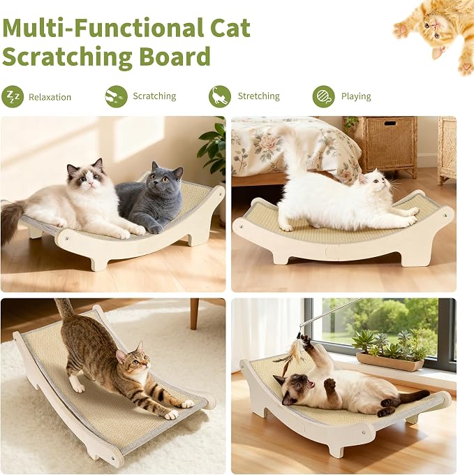 Sisal Cat Scratcher Bed for Indoor Cats, Upgraded Support Rods | Wooden Hammock Lounger, Elevated Scratch Pad for Large Cats up to 10 lbs, Natural Furniture Protector