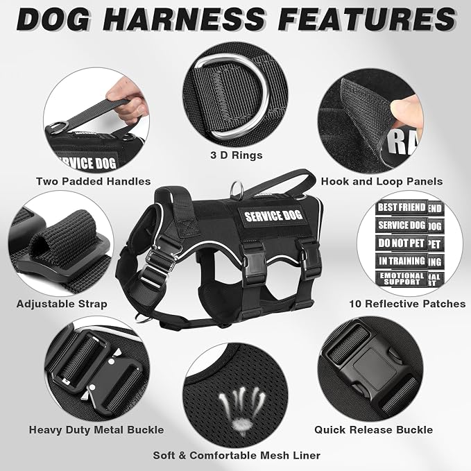 Tactical Dog Harness and Leash Set with Metal Buckles+10 Patches | Heavy Duty Service Dog Vest ,Adjustable Harness for Large Sized Dogs,No Pull Front Back Clips,for Training Hiking,Black L