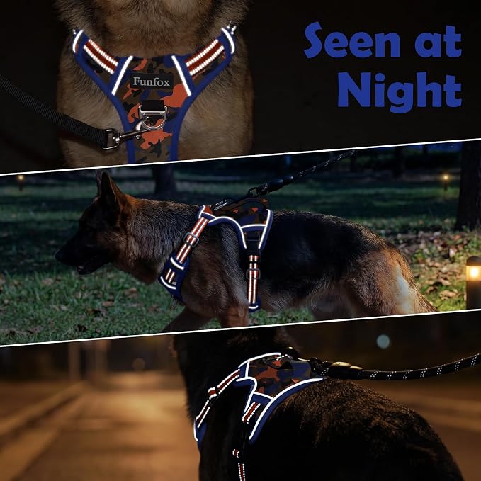 Dog Harness No Pull, Adjustable Pet Vest Harness, Super Soft Material with Vertical Handle Easy Control, Reflective Night Walking, 2 Leash Clips for XLarge Dogs, Camo Orange, XL