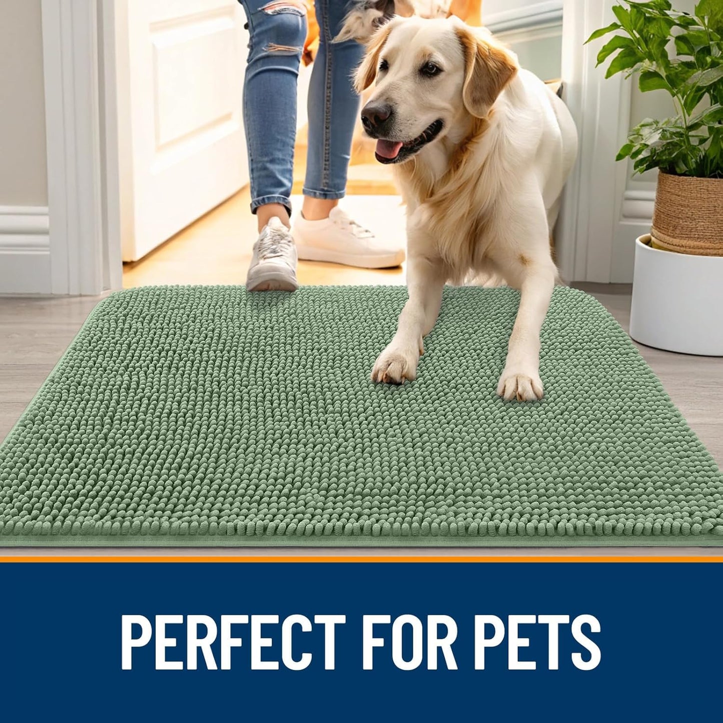 OLANLY Dog Door Mat for Muddy Paws 47x17, Absorbs Moisture and Dirt, Absorbent Non-Slip Washable Doormat, Quick Dry Chenille Mud Mat, Entry Indoor Entryway Carpet for Inside Floor, Olive Green