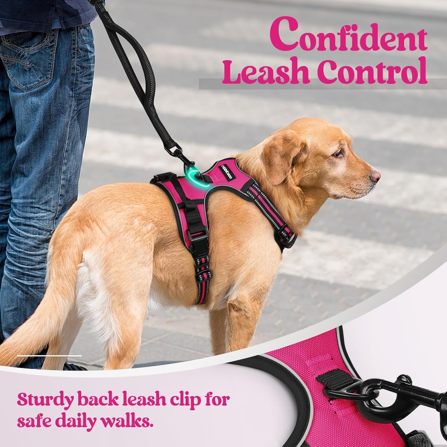 rabbitgoo Dog Harness No Pull with 2 Leash Clips, Adjustable Soft Padded, Reflective Oxford No Choke Pet Vest with Easy Control Handle for Large Dogs, Hot Pink, XL