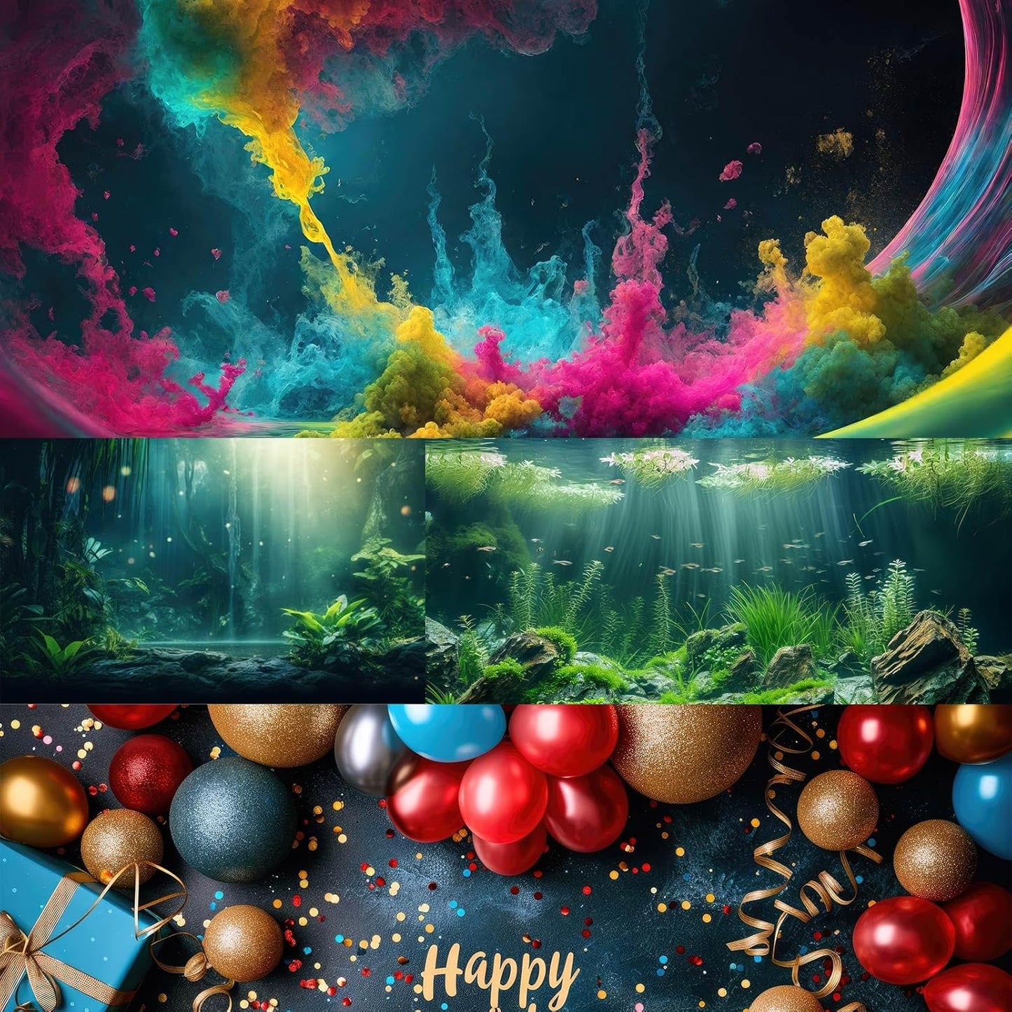 Fantasy Mushrooms Landscape Aquarium Background Tranquil Stream Cloudy Sky Terrarium Background Lush Green Tropical Plants Trees Fish Tank Backdrop Decoration Tank Background Poster 24x16in