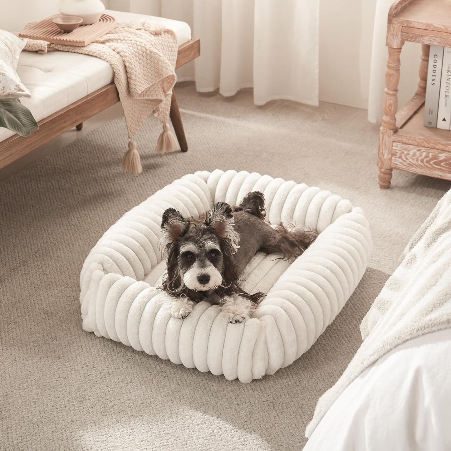 Dog Beds Medium Sized Dog, Washable Orthopedic Pet Bed with Removable Cover, Rectangle Soft Calming Sleeping Puppy Bed Durable Pet Cuddler with Anti-Slip Bottom, 30"x24"x8" Cream