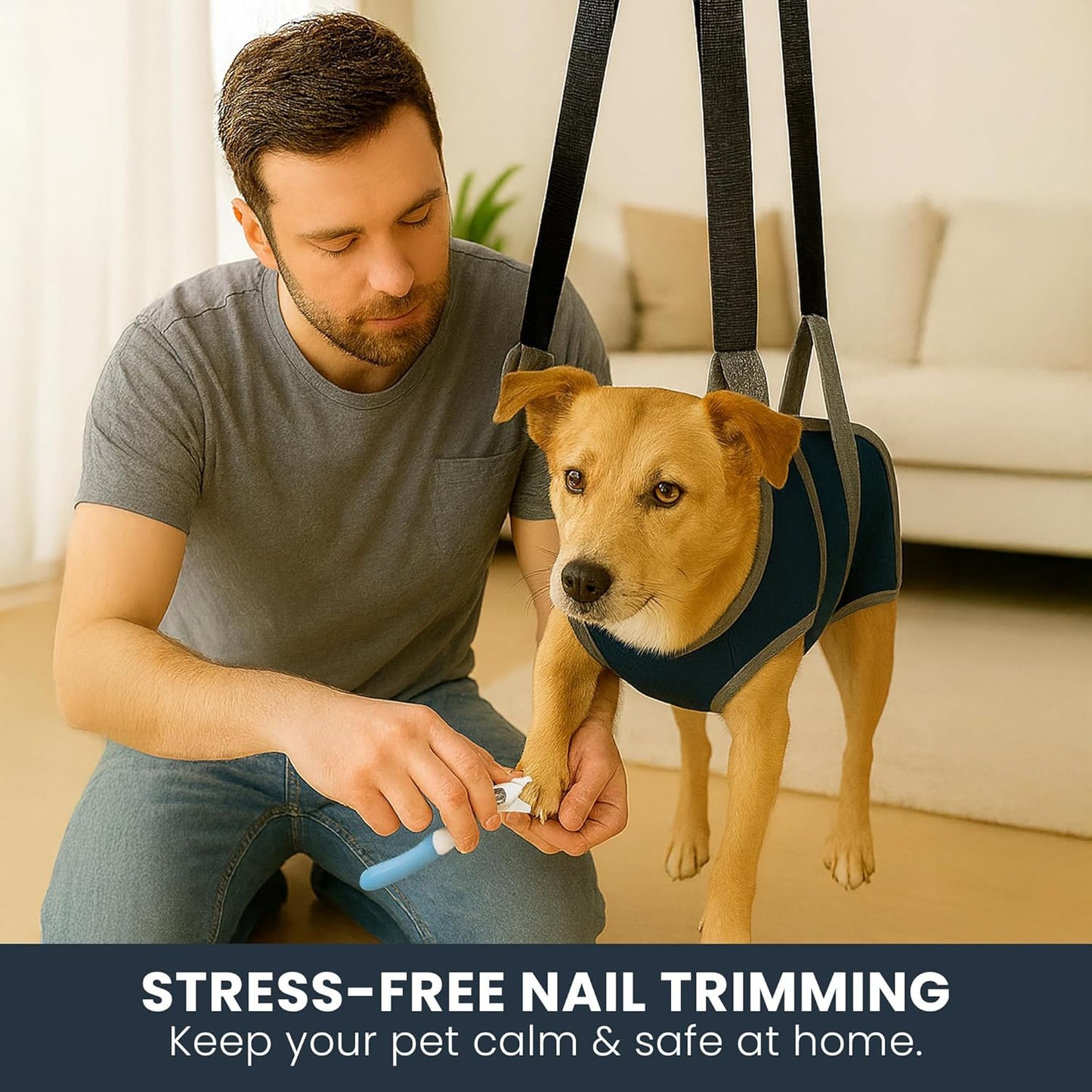 Pet Grooming Hammock Kit for Dogs & Cats, Includes Hammock Harness, Nail Clippers, Nail File, Grooming Glove, Dematting Comb, S-Hooks, Carabiners & Storage Bag for Easy Home Grooming Medium (86ร52) cm