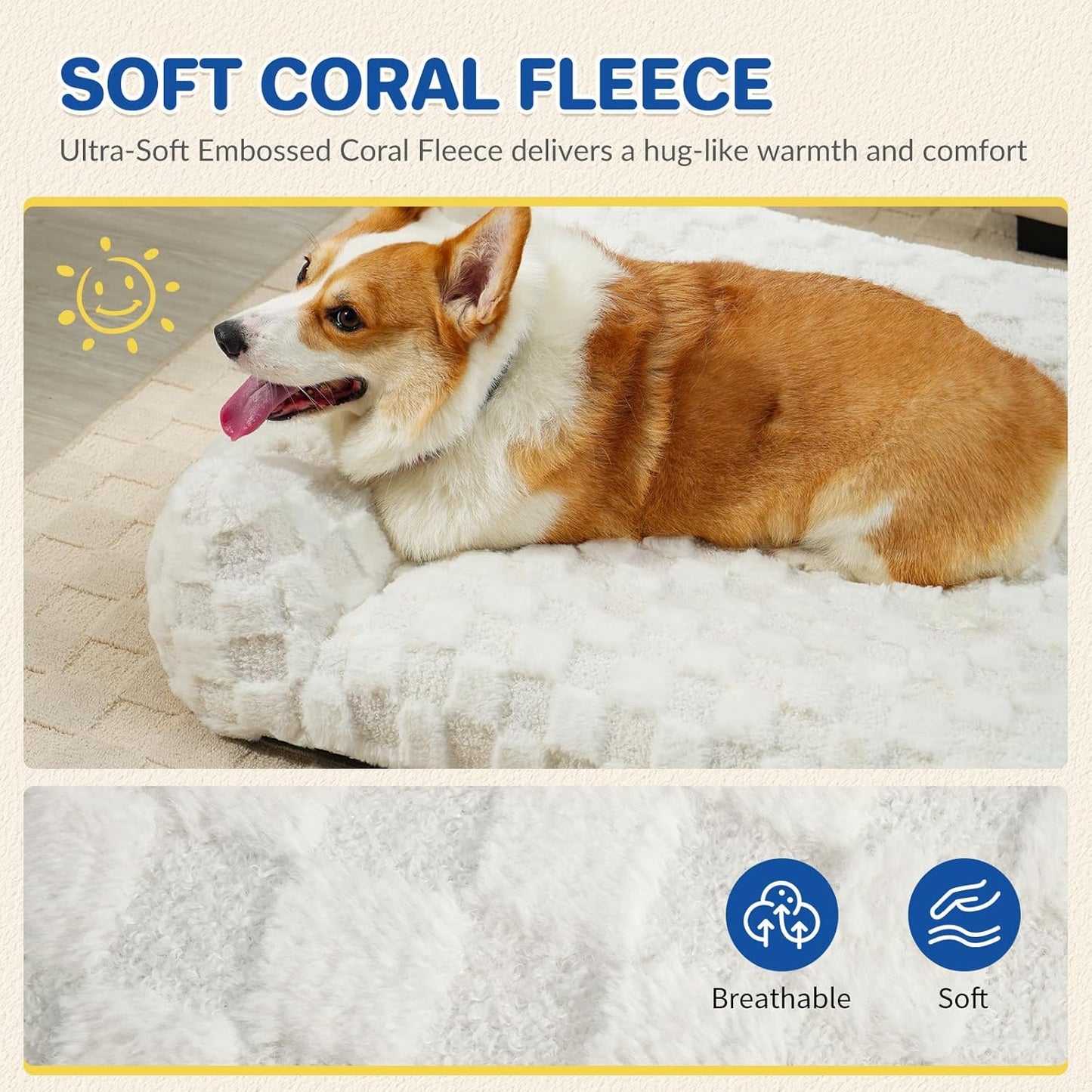 Large Dog Bed Sofa, Fluffy Pet Bed for Medium and Large Dogs, Supportive Dog Couch Sofa for Dogs, Pet Sofas with Washable Cover & Non-Slip, 38 inch, White