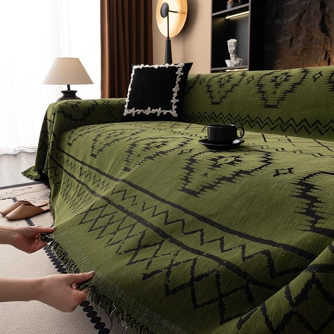 VClife Bohemian Green Couch Cover for Dog, Non Slip Sectional Sofa Covers Furniture Protector Washable Tribal Pattern Couch Covers for 2 Cushion Couch Sofa, Soft Pet Sofa Slip Cover, Green, 71"X118"