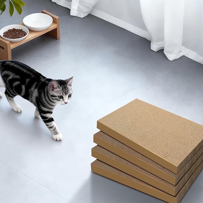 Cat Scratchers 4 Pack, Corrugated Cardboard Cat Scratching Pads for Indoor Cats and Kittens, Large Cat Scratch Pad Boards, Reversible Cat Scratch Boards for Floor, Wall, and Corner Use