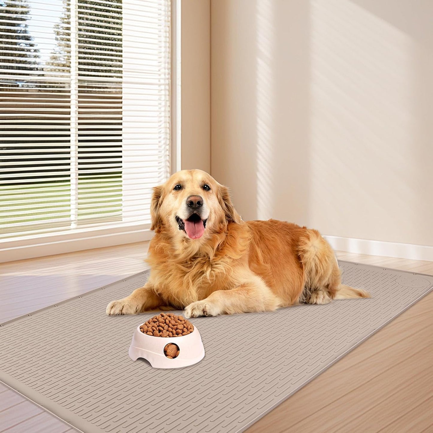 Dog Food Mat, Extra Large 40" x 28" Silicone Pet Feeding Mat for Small, Medium, and Large Pets Non-Slip, Easy to Clean, Khaki