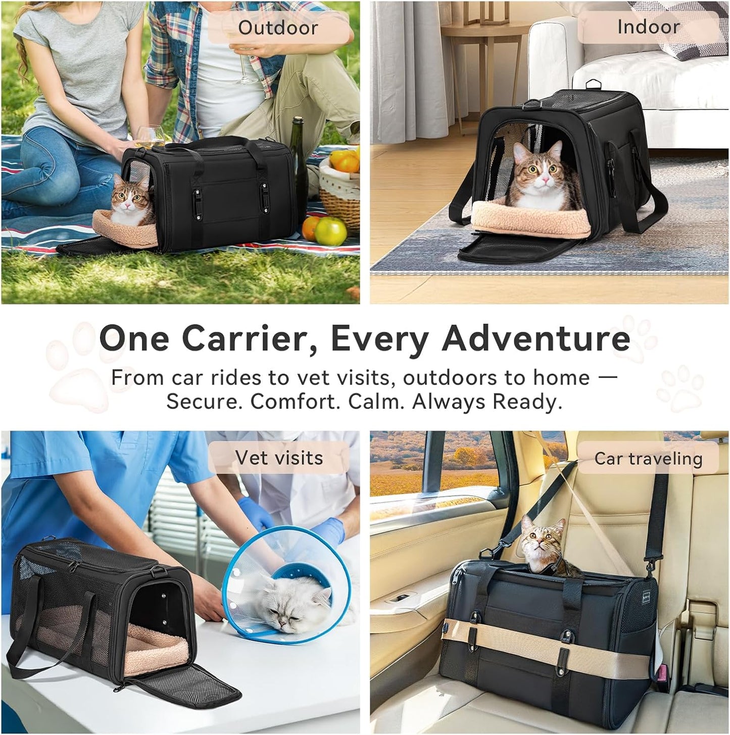 PETSFIT Soft-Sided Cat Carriers & Car Seats with Patent Safe Buckles, Clip-On Harness, 18"x11"x11" Airline Approved Pet Carrier - 9 lbs Capacity (Black)