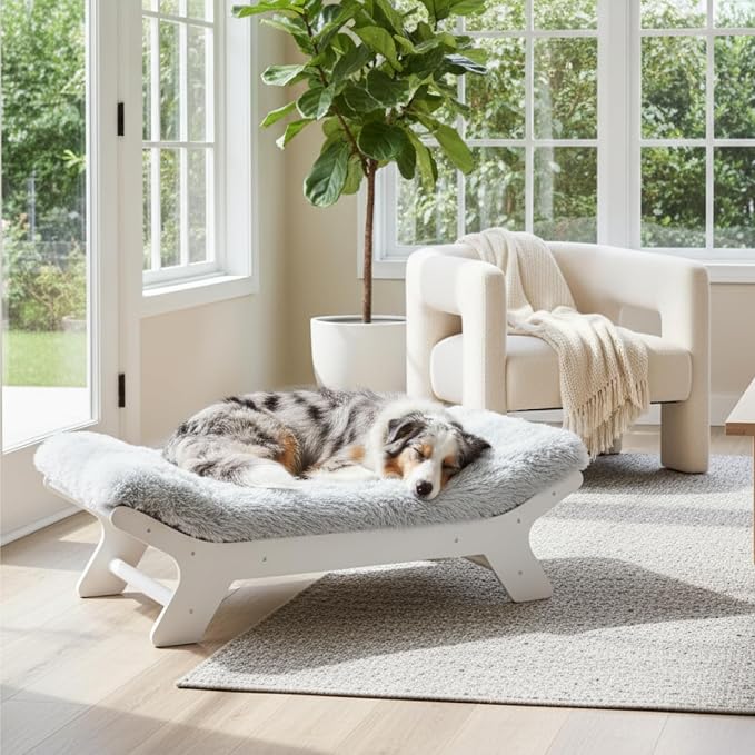Elevated Wood Dog Bed Frame Mat Set, Whitecolor, X-Large | Raised Sturdy Attractive Dog Sofa Couch Furniture,110 lb