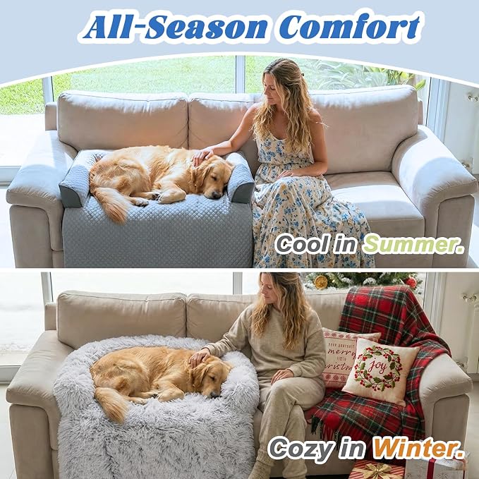 GGIB Cooling Dog Bed Mat with Bolster Pillow Washable Dog Couch Cover Breathable Summer Pet Couch Bed Protector Indoor(Large, Cooling Grey)