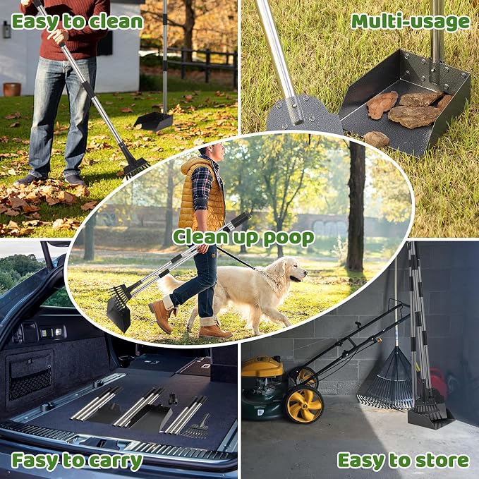 Pooper Scooper, Dog Pooper Scooper Long Handle Stainless Metal Tray Shovel and Rake Set for Medium Small Dogs Heavy Duty, Use for Grass, Dirt or Gravel