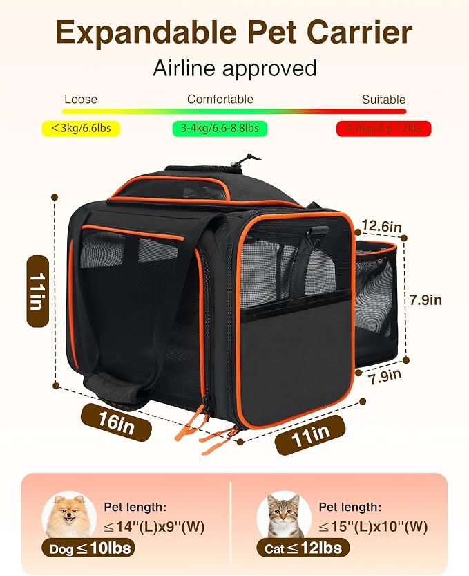 Expandable Cat Carrier Bag,Airline Approved Expandable Soft-Sided Pet Carrier(16"x 11"x 11") with Removable Pad,for Cats 12lbs,(Black Orange).