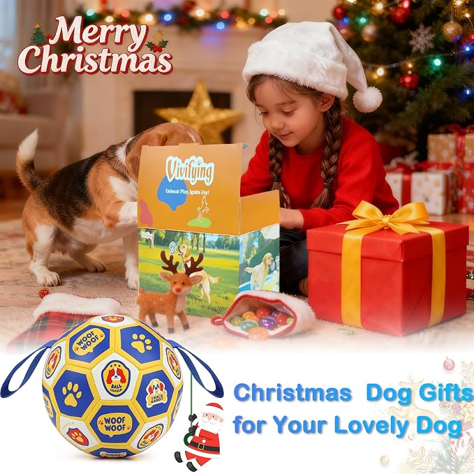 Vivifying World Cup Dog Toys Balls, Interactive Soccer Ball for Small Medium Dogs, Durable PU Enrichment Training Toy with Straps for Indoor and Outdoor Tug-of-War & Playing (6 Inches)