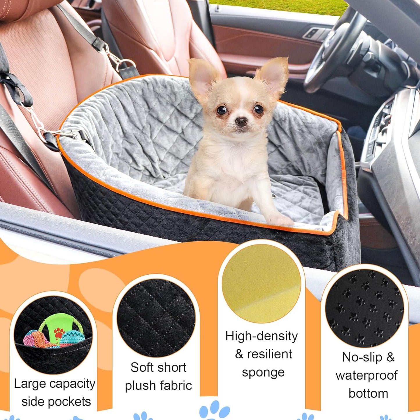 Dog Car Seat for Small Dogs, Memory Foam Booster Dog Seat for Dogs up to 35 lbs, Elevated Pet Car Seat with Washable Removable Cover, Storage Pockets(Black/Gray)