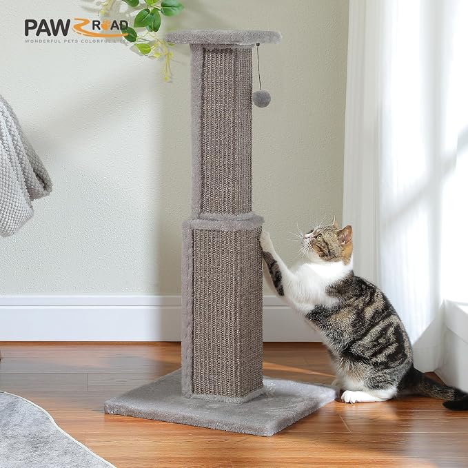 PAWZ Road Cat Scratching Post 32” Tall Square Cat Scratcher | Heavy Duty Cat Post with 16x16”Large Base Covered Sturdy Woven Sisal Scratcher and Cat Toy Ball for Adult and Indoor Cats