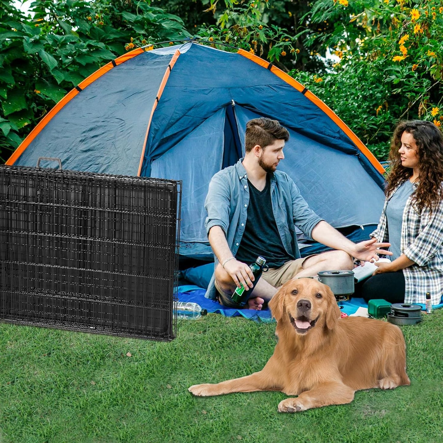 Dog Crate, 36 Inch Medium Wire Kennel with Divider Panel, Metal Cages with Double Door, Leak-Proof Pan Tray, Folding Portable for Indoor Outdoor Travel