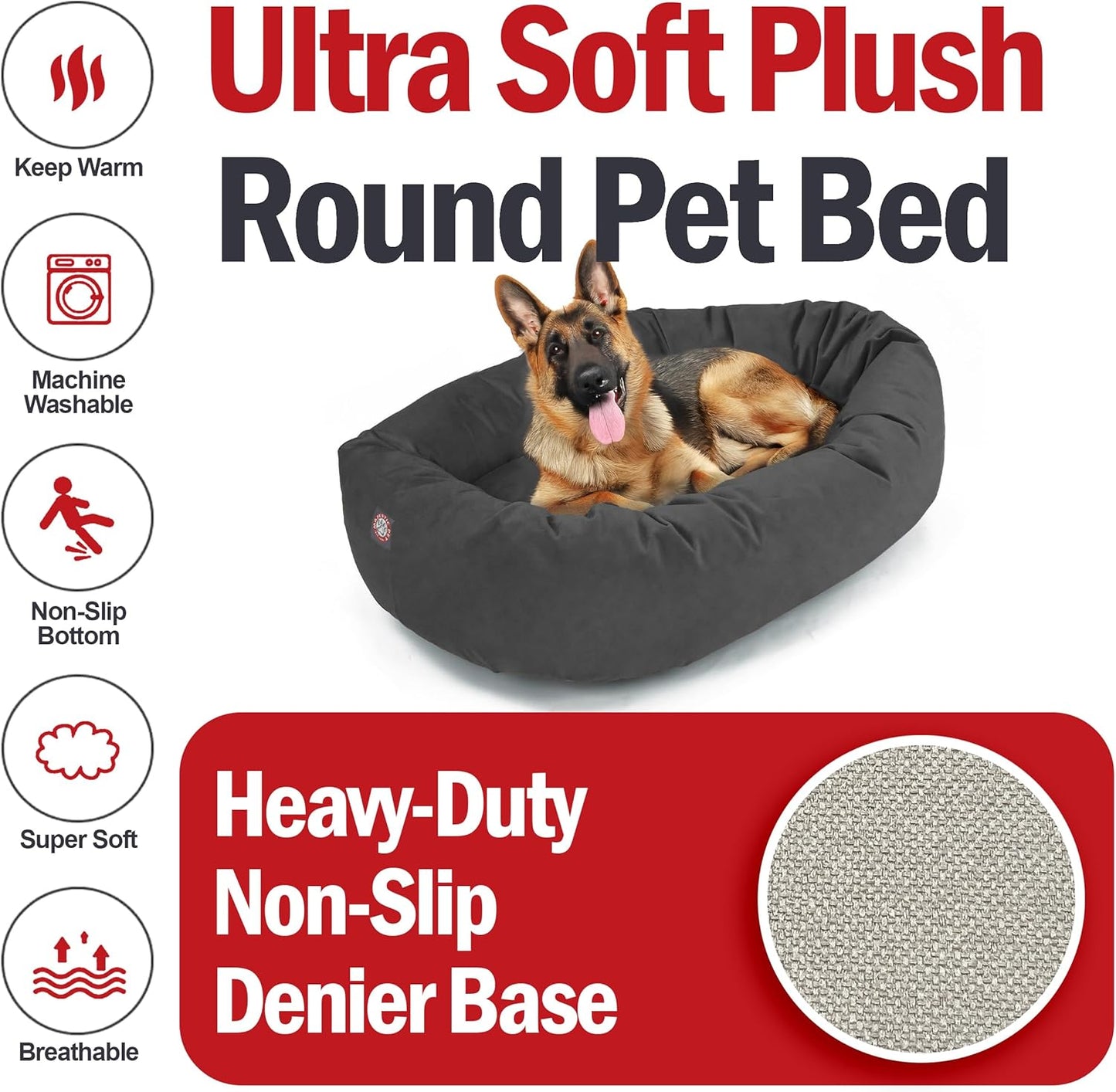Majestic Pet 52 Inch Suede Shredded Memory Foam Mix Calming Extra Large Dog Bed Washable 52 x 35 x 11 (Inch) - Cozy Soft Round Donut Dog Bed with Spine for Head Support - Pet Bed Gray